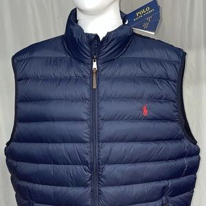 New Large Polo Ralph Lauren Aviator Navy Blue Puffer Vest With Red Poloman Coat